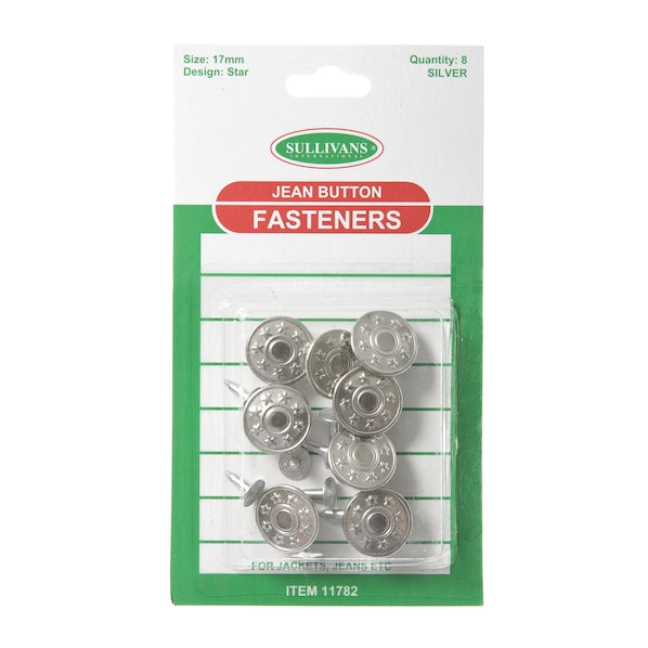 Sullivans Jean Button 8 Pack, Silver Star- 17mm