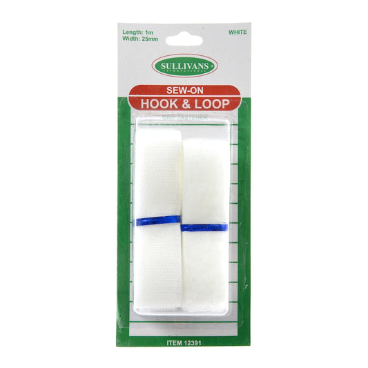 Sullivans Sew-On Hook & Loop, White- 25mm x 1m