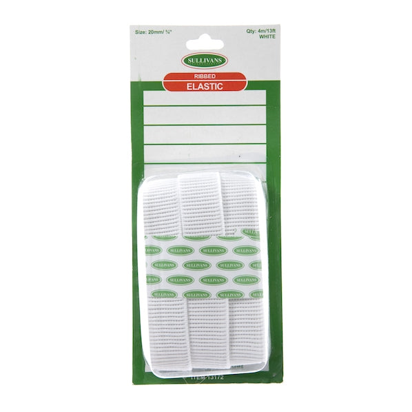 Sullivans Ribbed Elastic, White- 20mm x 4m