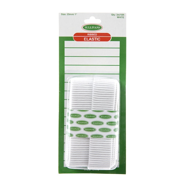 Sullivans Ribbed Elastic, White- 25mm x 3m