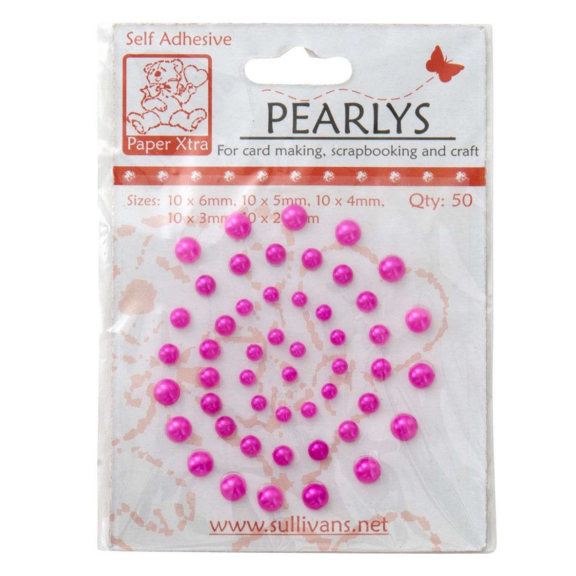 Sullivans Stick On Pearls, Hot Pink- 50pc