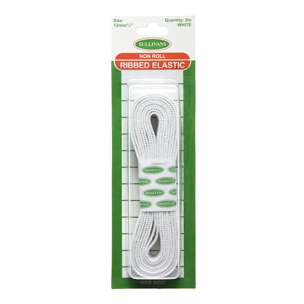 Sullivans Ribbed Elastic, White- 12mm x 2m