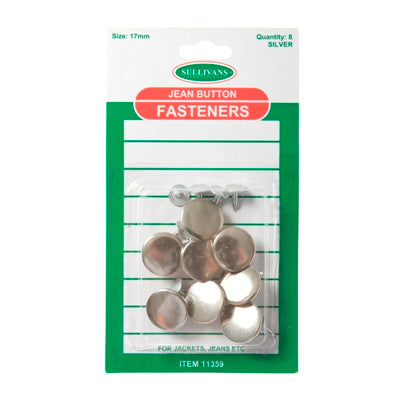 Sullivans Jean Button 8 Pack, Silver- 17mm