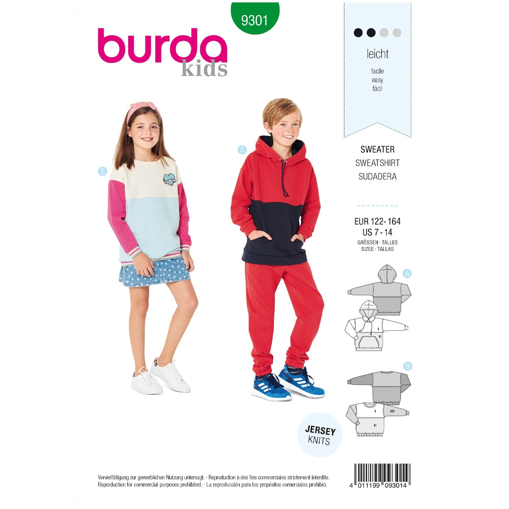 Burda Pattern Children's Sweatshirt & Hoodie Tops X09301 (7-14)