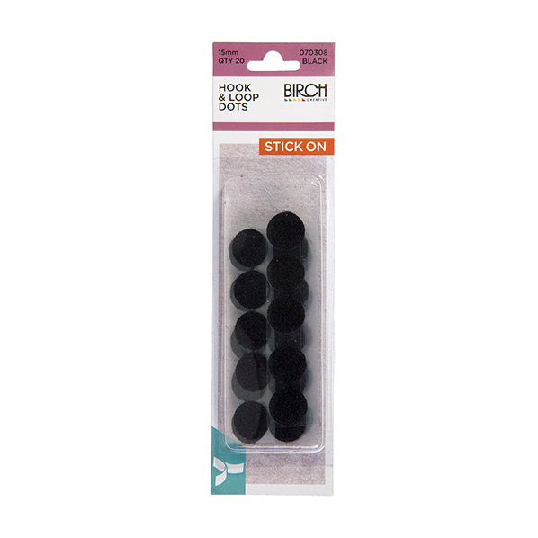 Birch Hook & Loop Sticky Dots, Black- 15mm