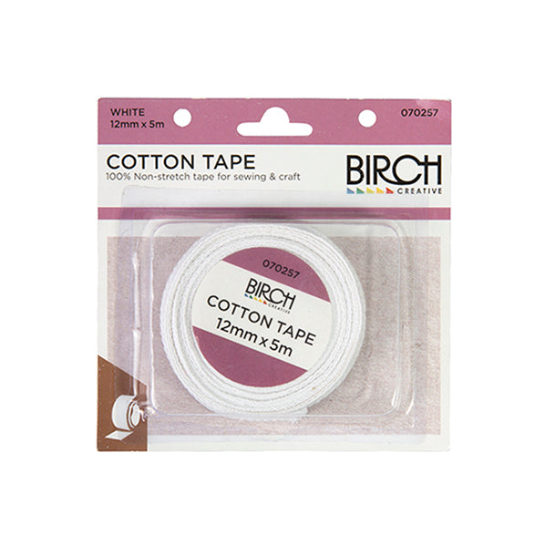 Birch Cotton Tape, White- 12mm x 5m