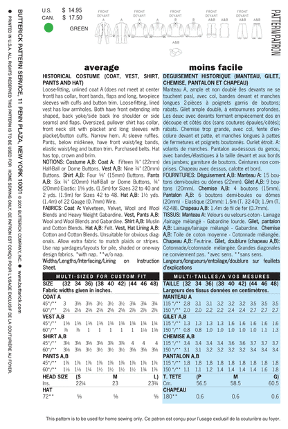 Butterick Pattern B3072 Historical Costume (Coat, Vest, Shirt, Pants and Hat)