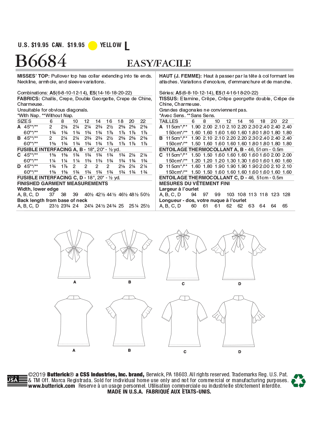 Butterick Pattern B6684 Misses Top / Vest