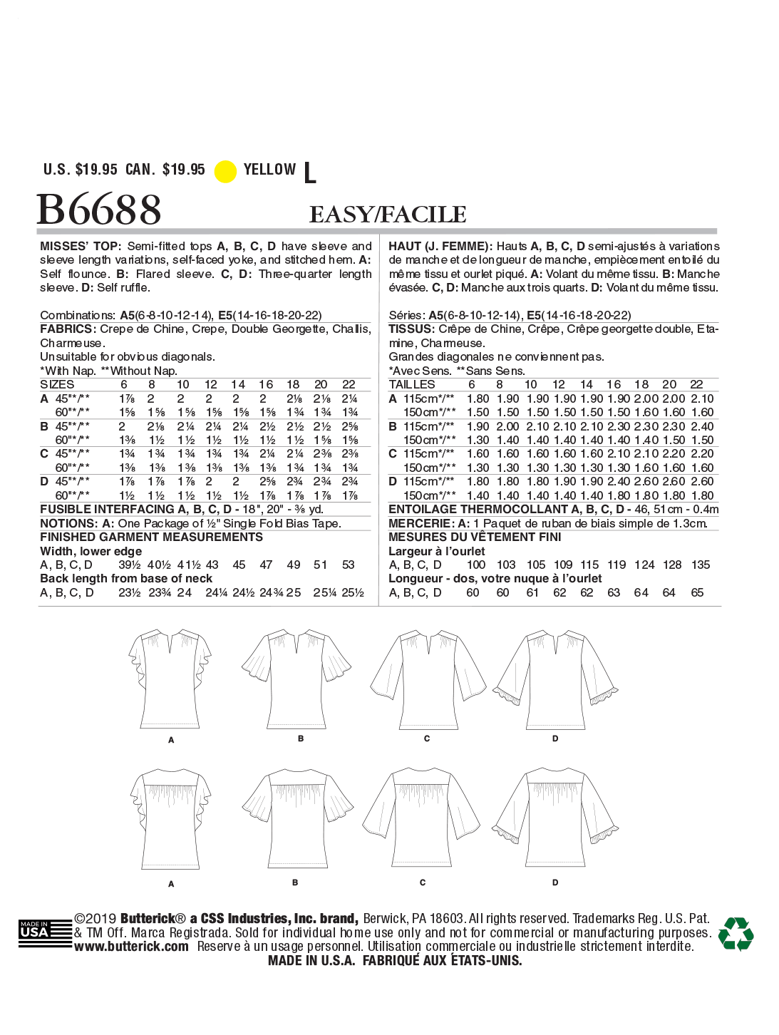 Butterick Pattern B6688 Misses Top / Vest