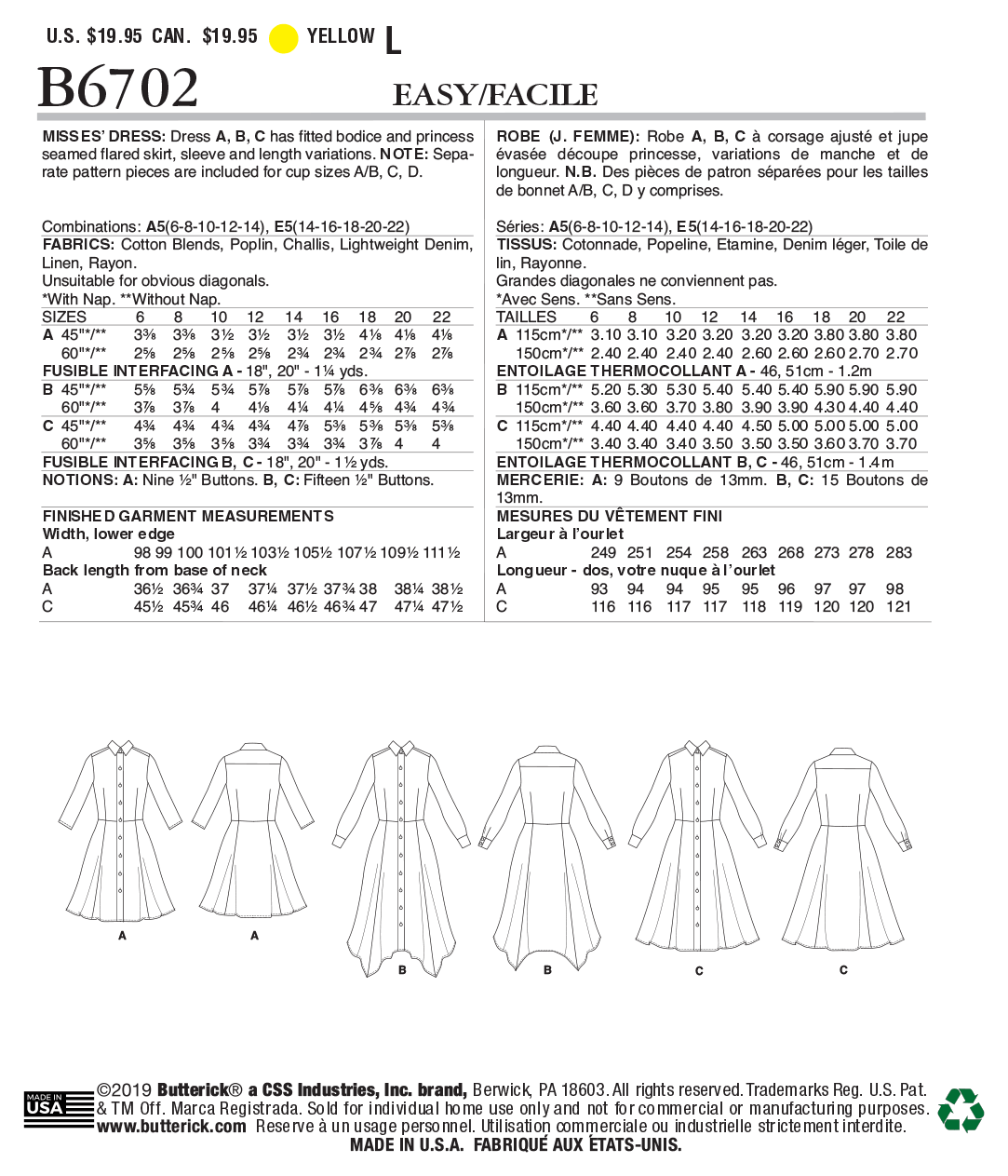 Butterick Pattern B6702 Misses Dress