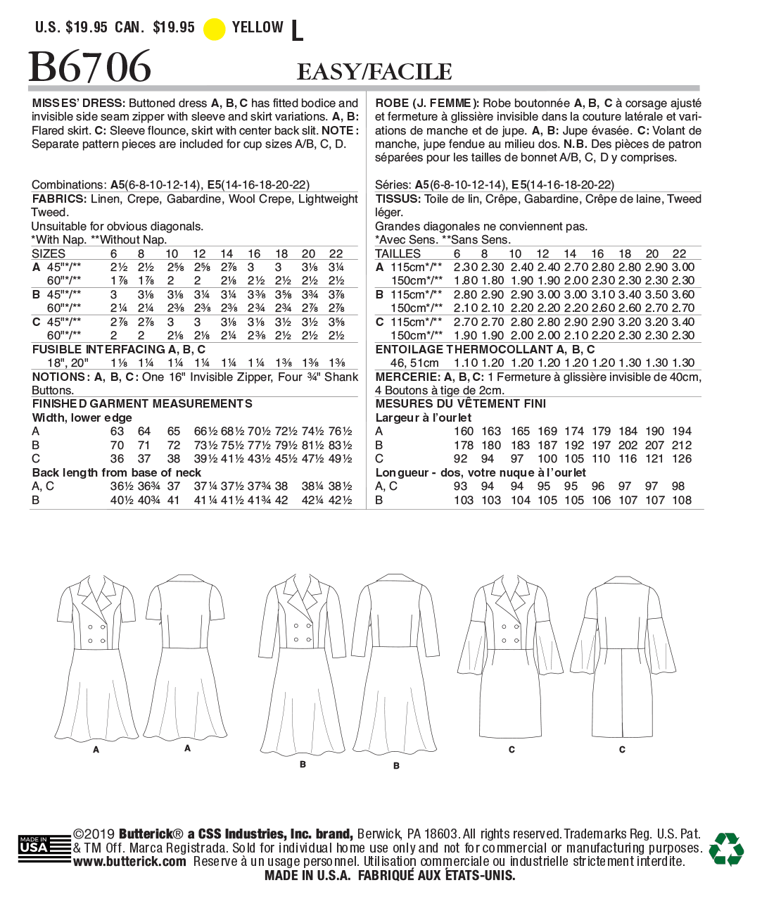 Butterick Pattern B6706 Misses Dress