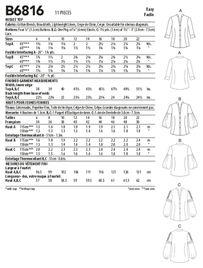 Butterick Pattern B6816 Misses' Top