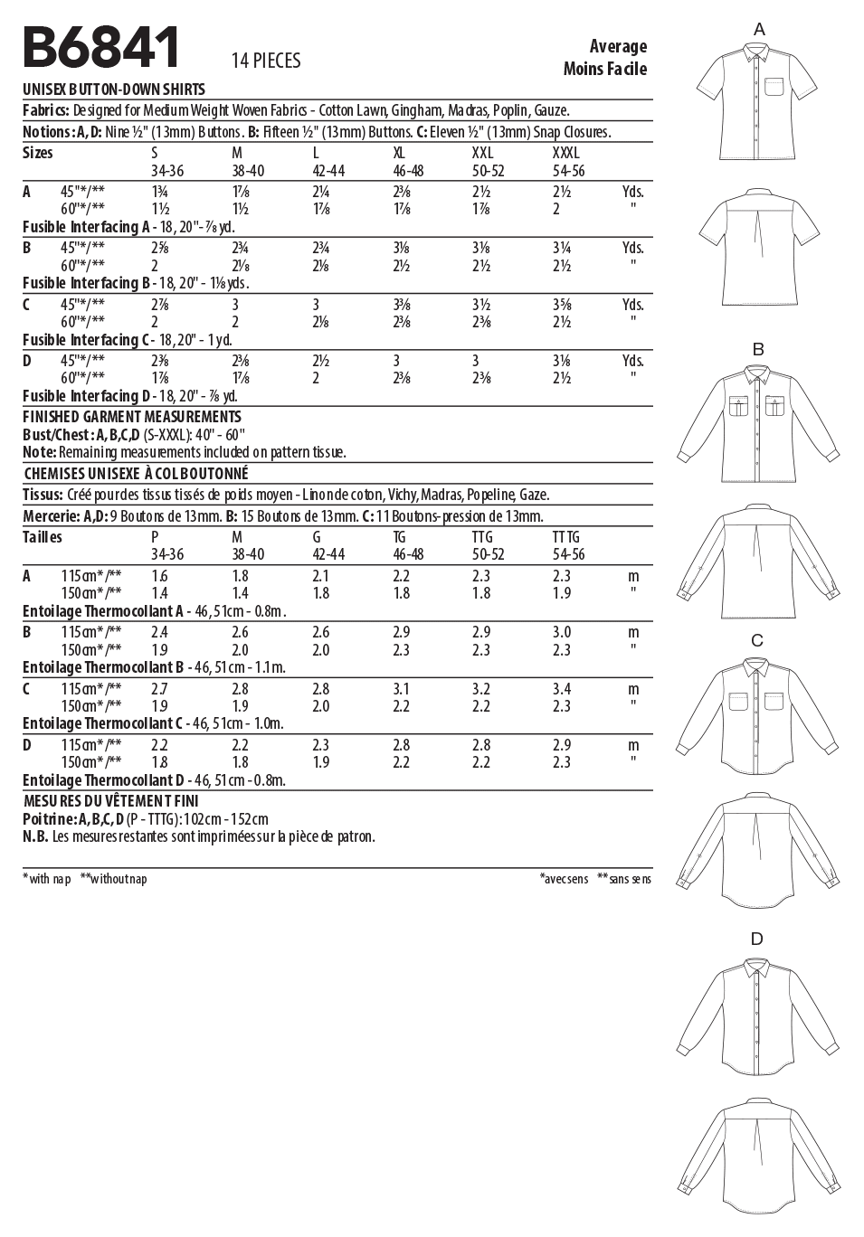 Butterick Pattern B6841 Unisex Button-Down Shirts