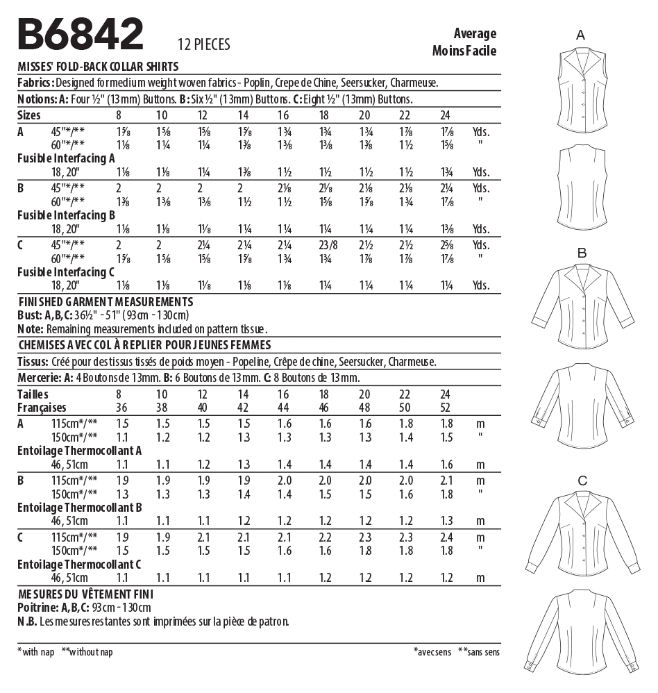 Butterick Pattern B6842 Misses' Fold-Back Collar Shirts