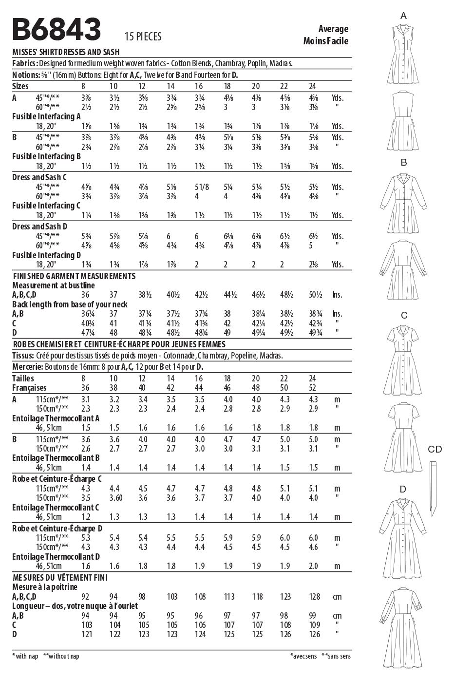 Butterick Pattern B6843 Misses' Shirtdresses  &  Sash