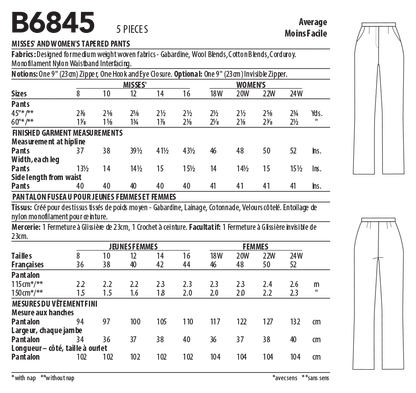 Butterick Pattern B6845 Misses'  &  Women's Tapered Pants