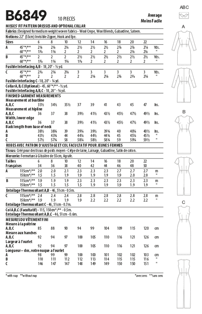 Butterick Pattern B6849 Misses' Fitpattern Dresses  &  Optional Collar