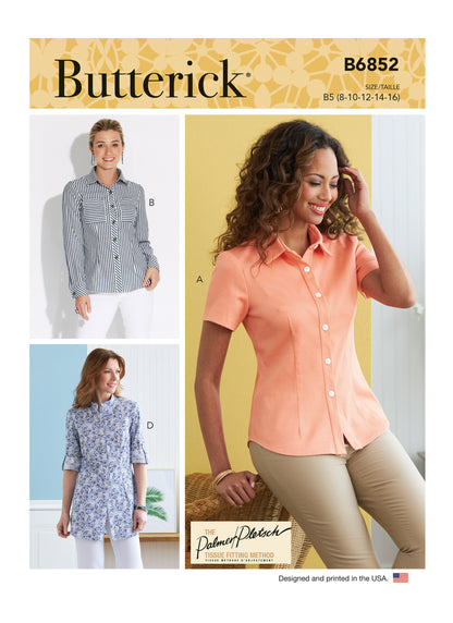 Butterick Pattern B6852 Misses' Button-Down Shirts With Collar, Sleeve  &  Hem Variations