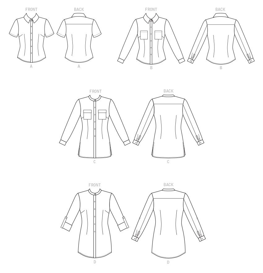 Butterick Pattern B6852 Misses' Button-Down Shirts With Collar, Sleeve  &  Hem Variations