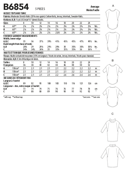 Butterick Pattern B6854 Misses' Tops  &  Tunic