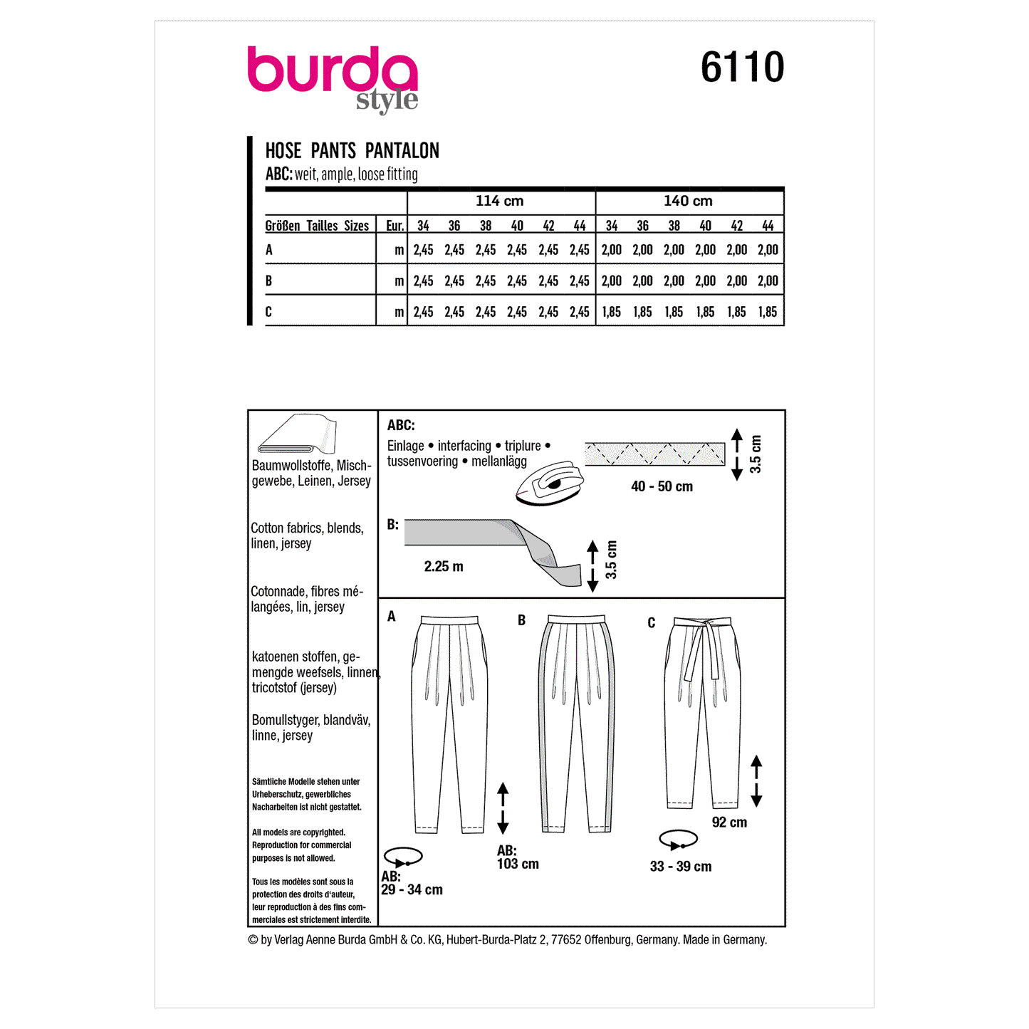 Burda Pattern 6110 Misses' Trousers and Pants