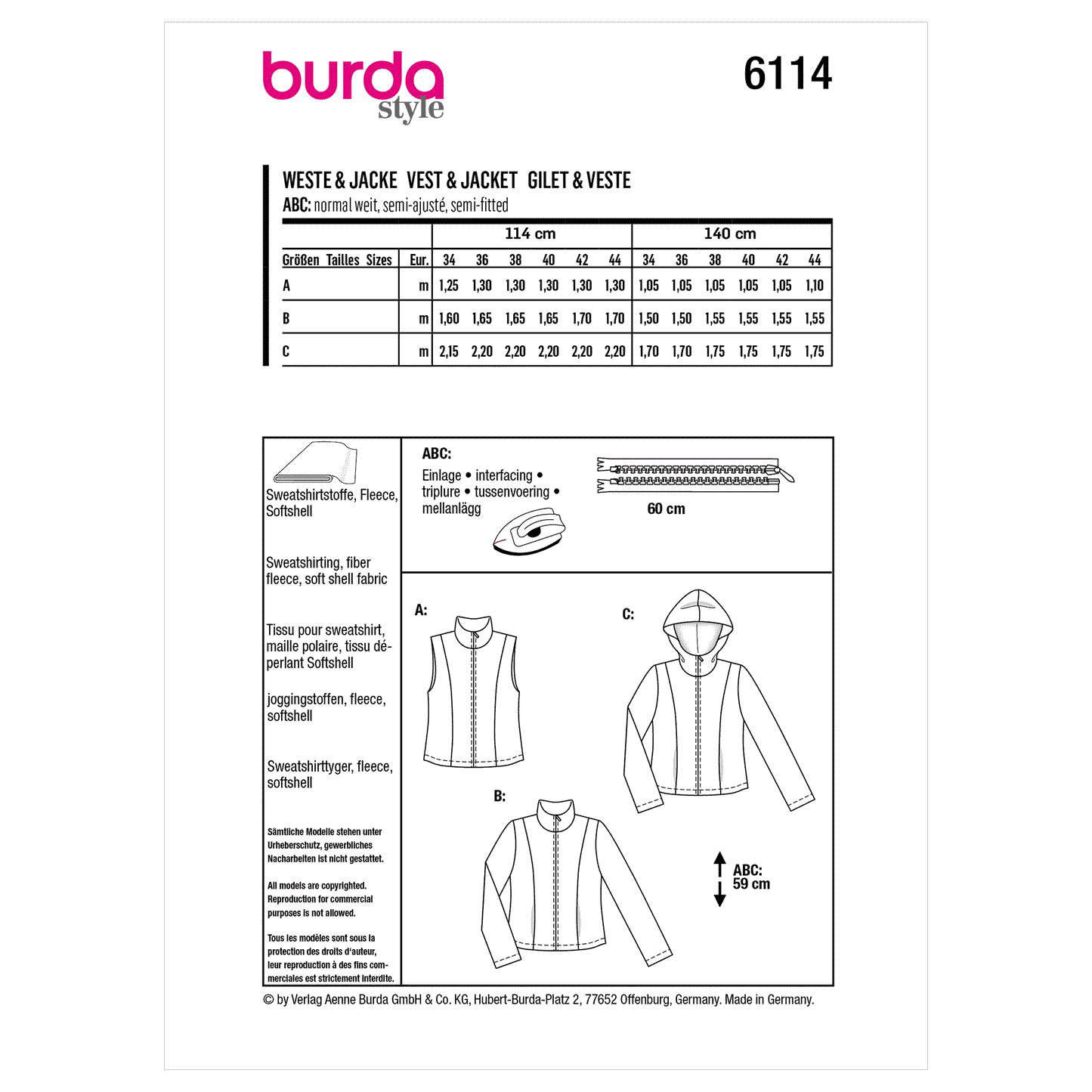 Burda Pattern 6114 Misses' Waistcoat, Vest, Jacket