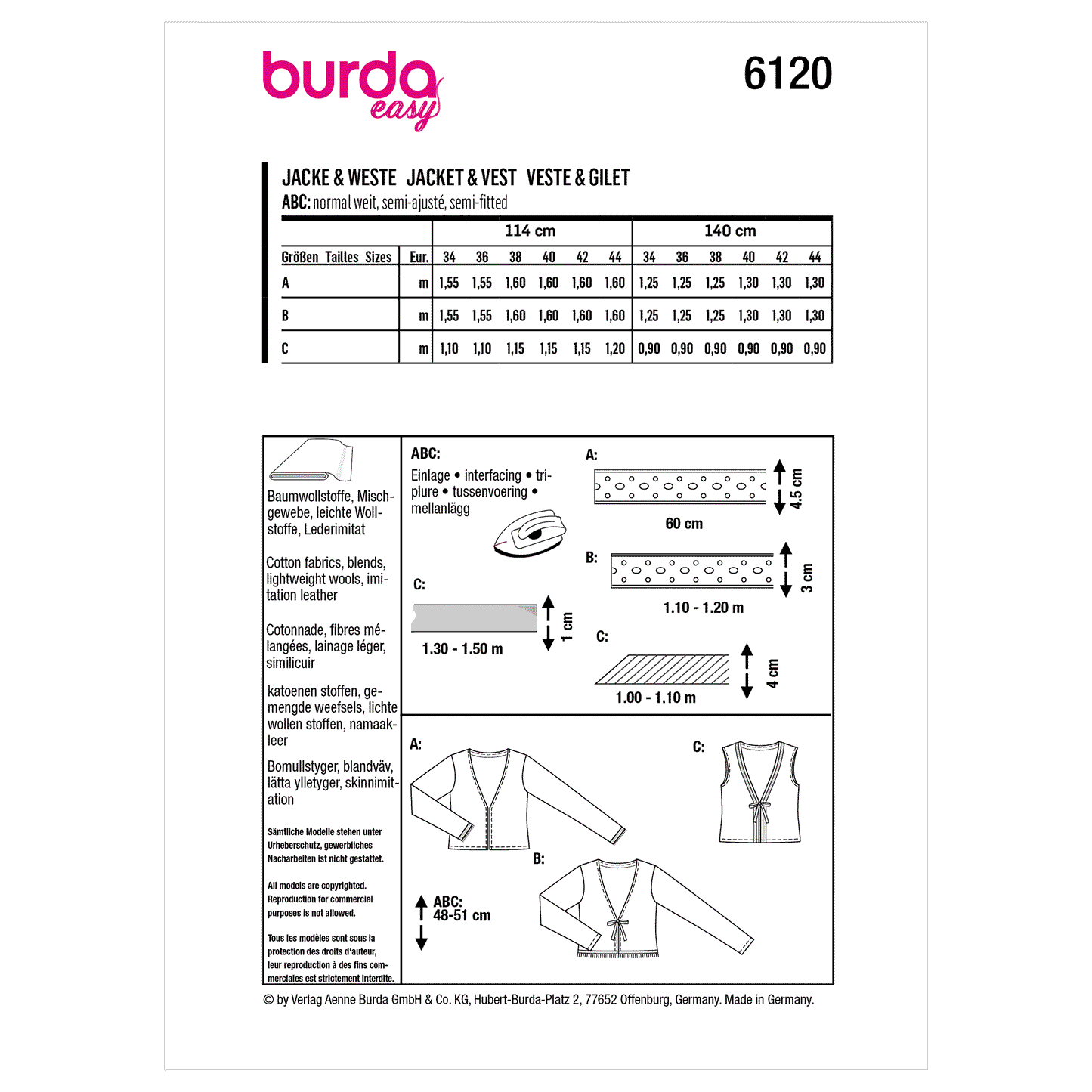 Burda Pattern 6120 Misses' Jacket and Vest