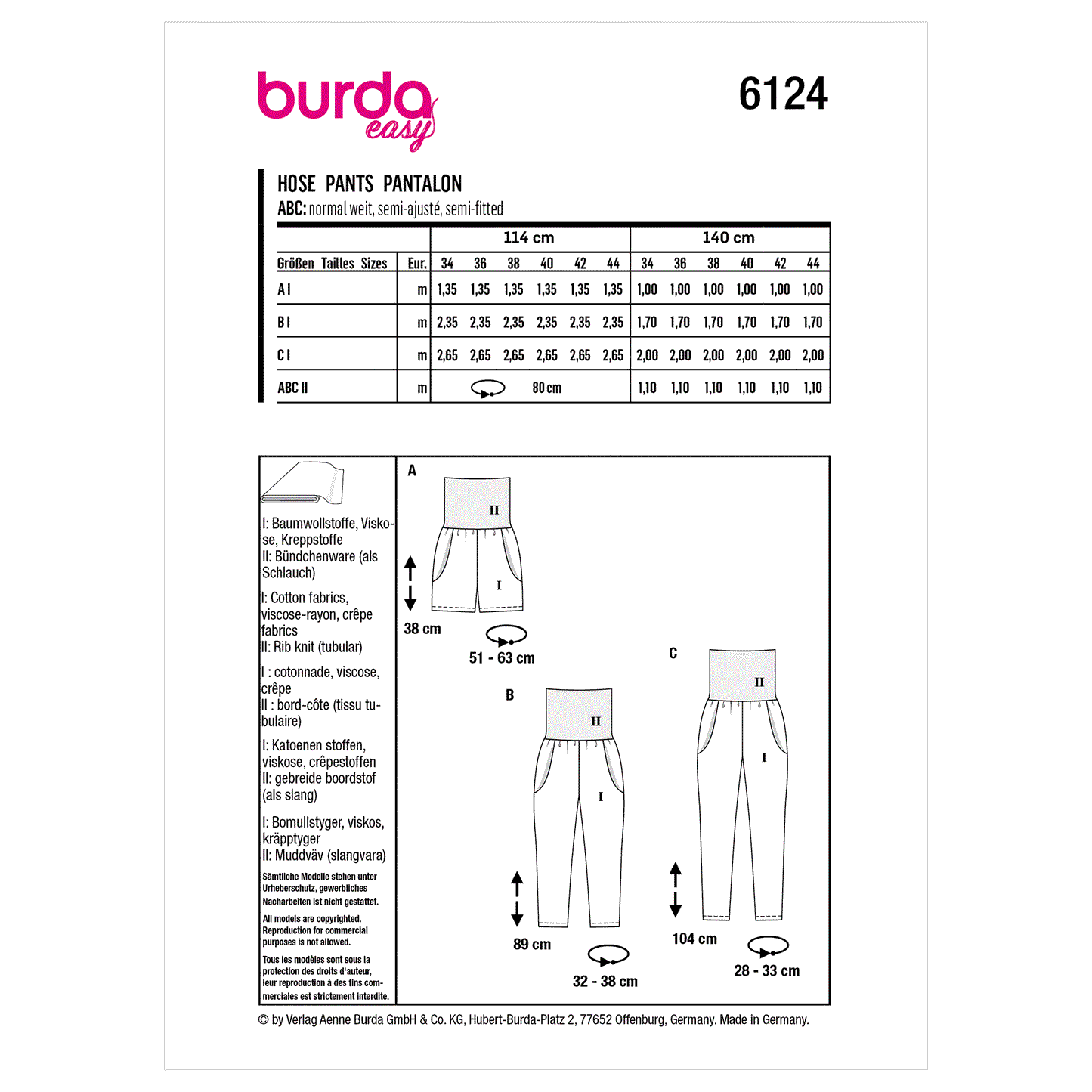 Burda Pattern 6124 Misses' Trousers and Pants