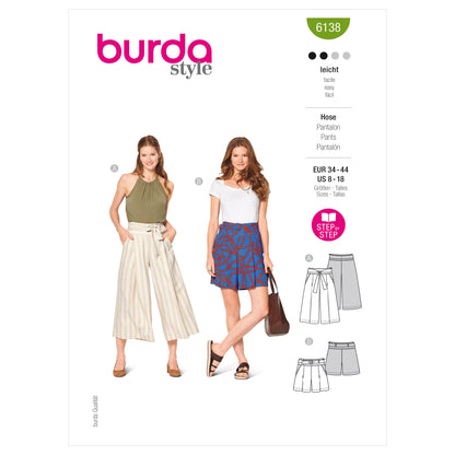 Burda Pattern 6138 Misses' Culottes, Trousers, Pants