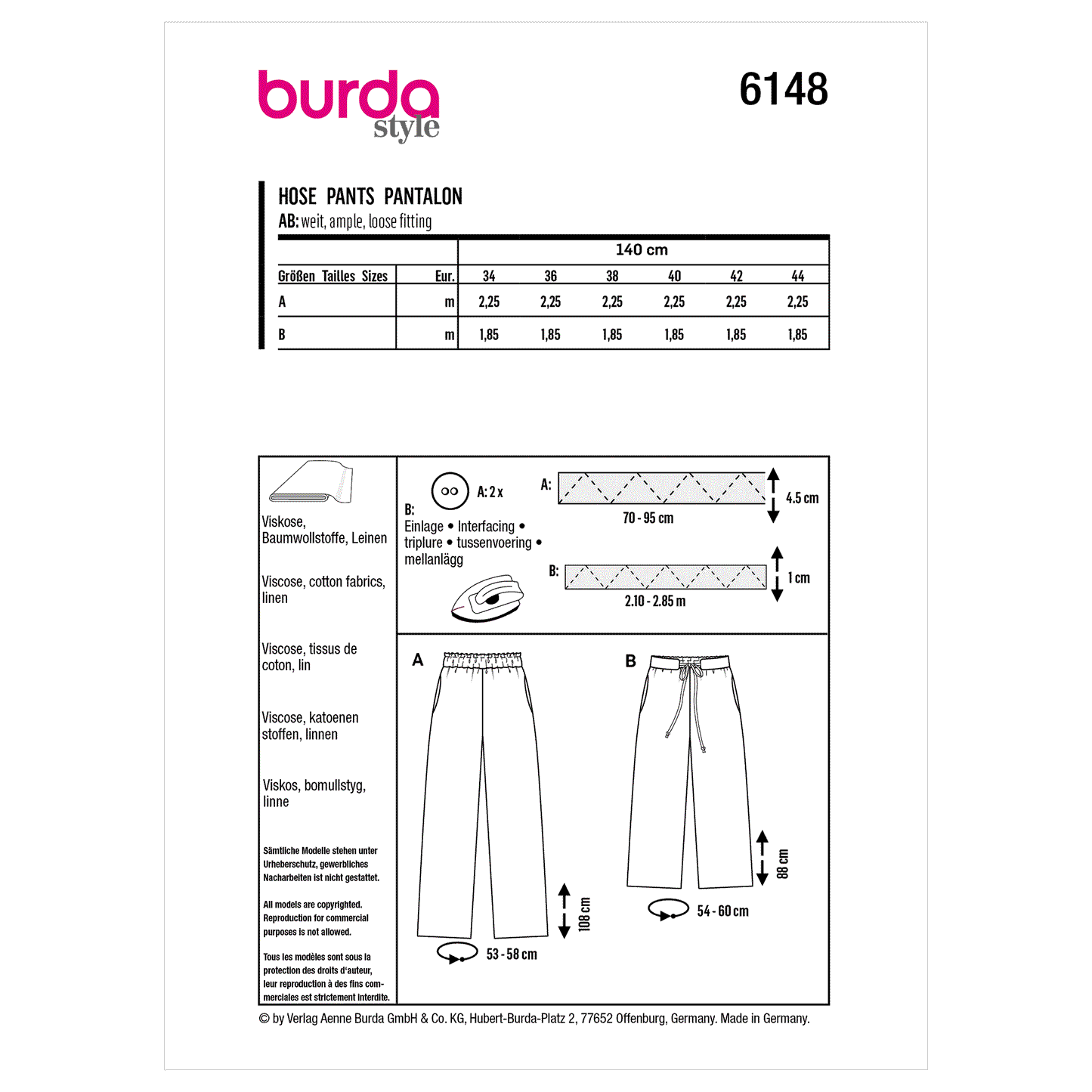 Burda Pattern 6148 Misses' Trousers and Pants