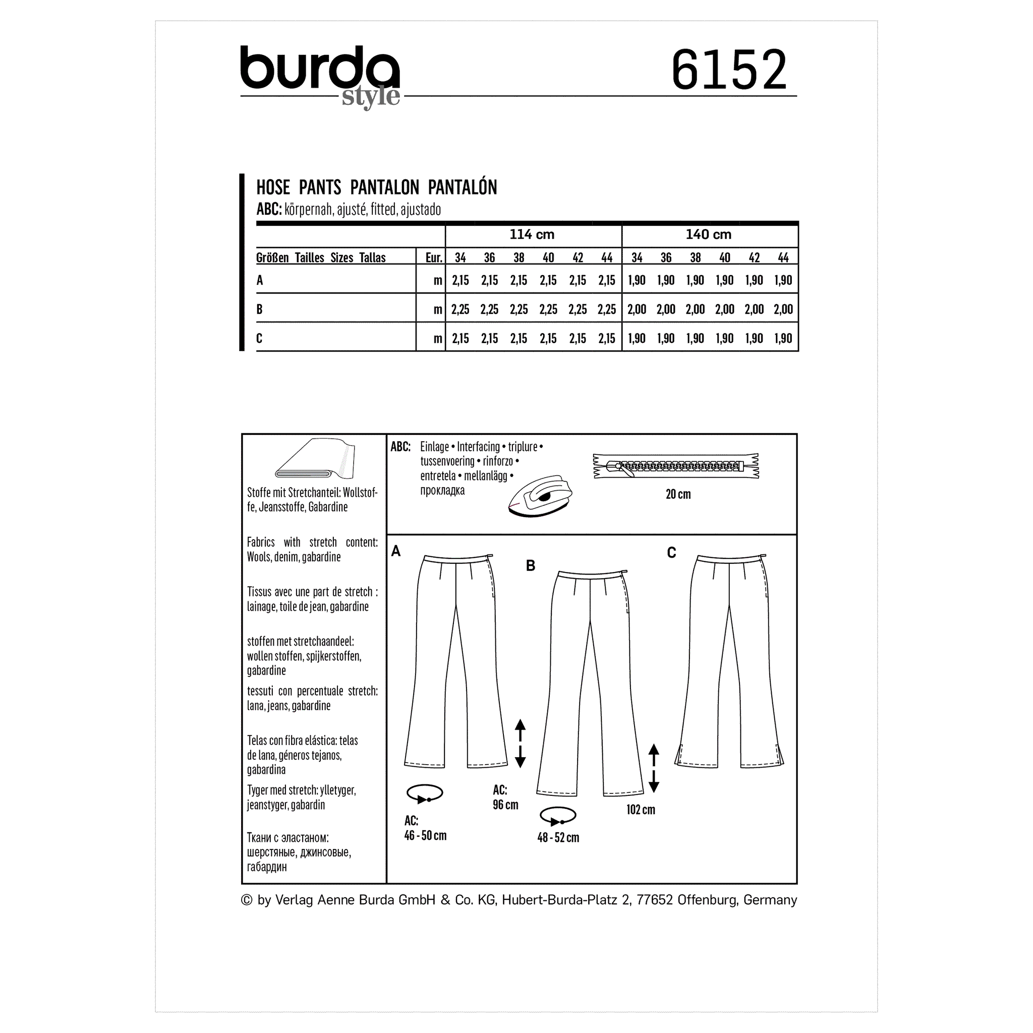 Burda Pattern 6152 Misses' Flared trousers or pants with a