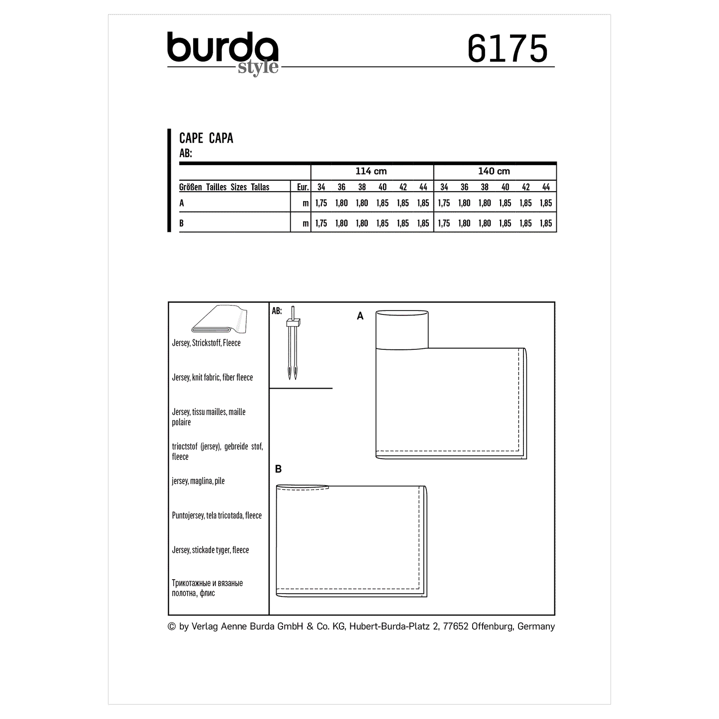 Burda Pattern 6175 Misses' Cape – Rectangular – with roll neck