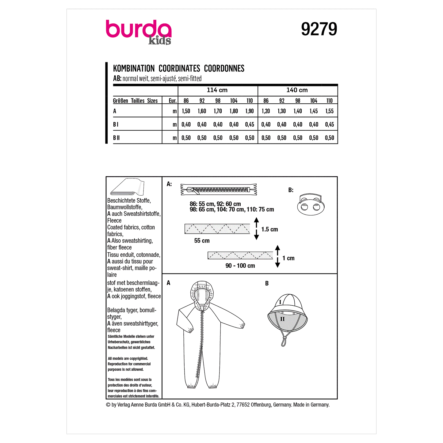 Burda Pattern 9279 Toddlers' Onesie and Hat