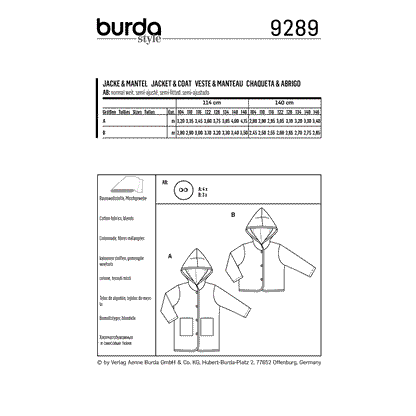 Burda Pattern 9289 Children's Coat –  Jacket – Hood