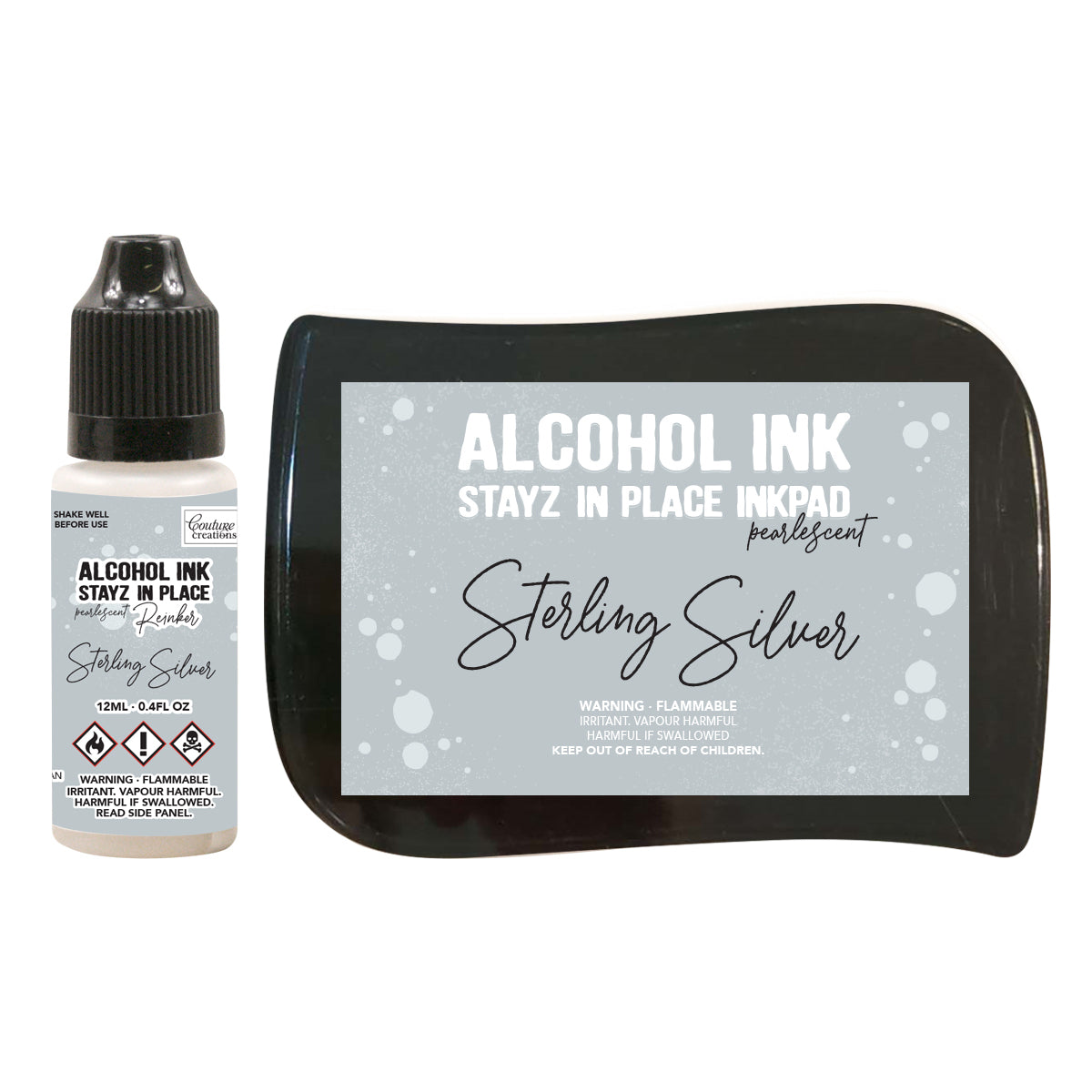 Couture Creations Stayz in Place Alcohol Ink Pad Reinker, Sterling Silver Pearlescent- 12ml