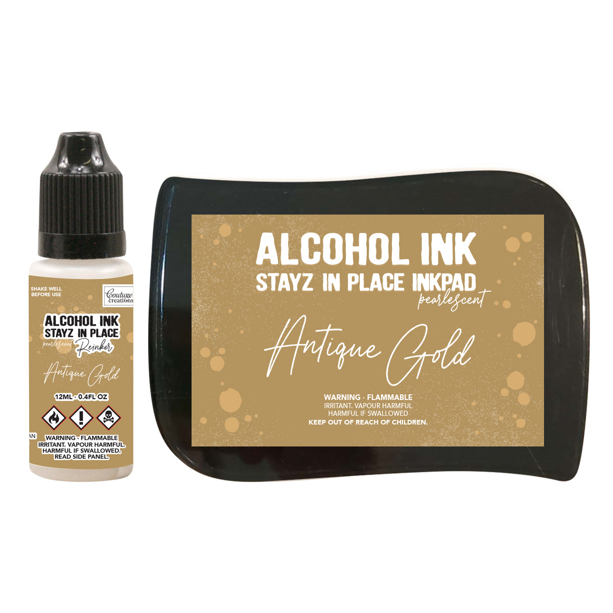 Couture Creations Stayz in Place Alcohol Ink Pad Reinker, Antique Gold Pearlescent- 12ml