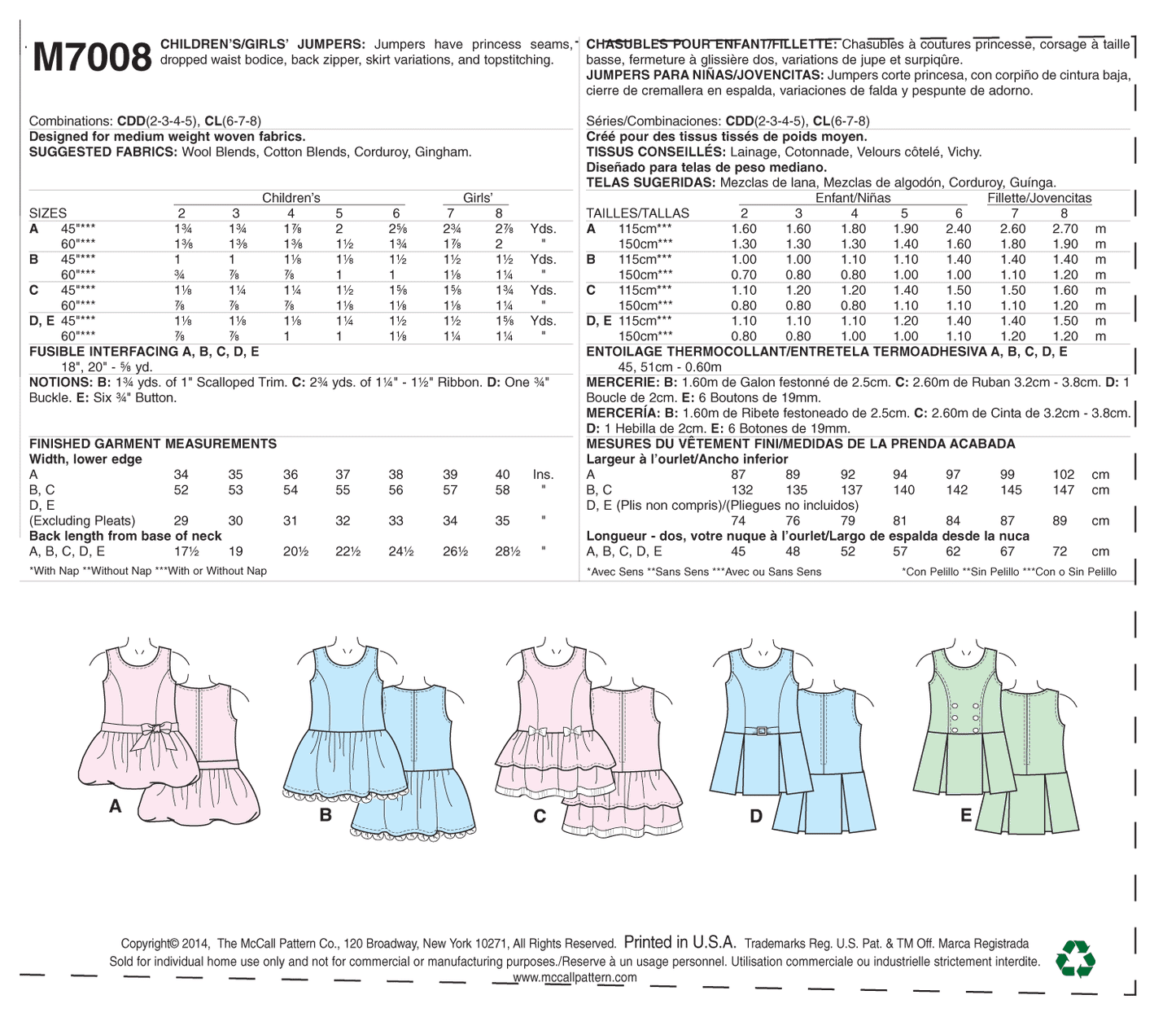 McCall's Pattern M7008 Children's/Girls' Jumpers