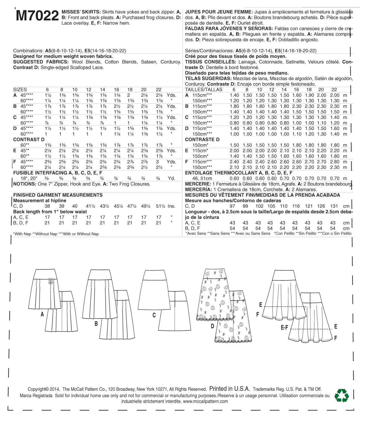 McCall's Pattern M70Misses' Skirts