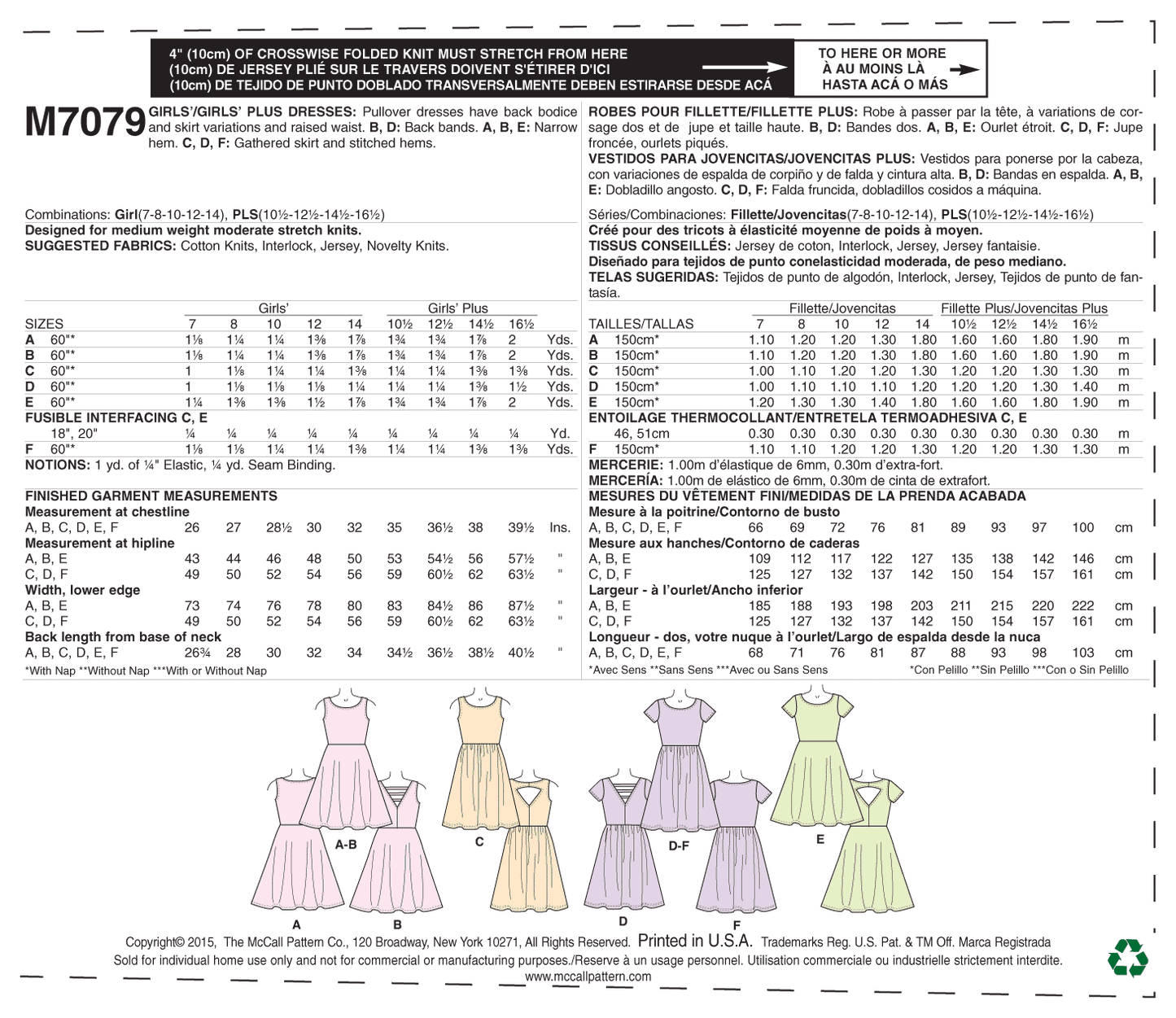 McCall's Pattern M7079 Girls'/Girls' Plus Dresses