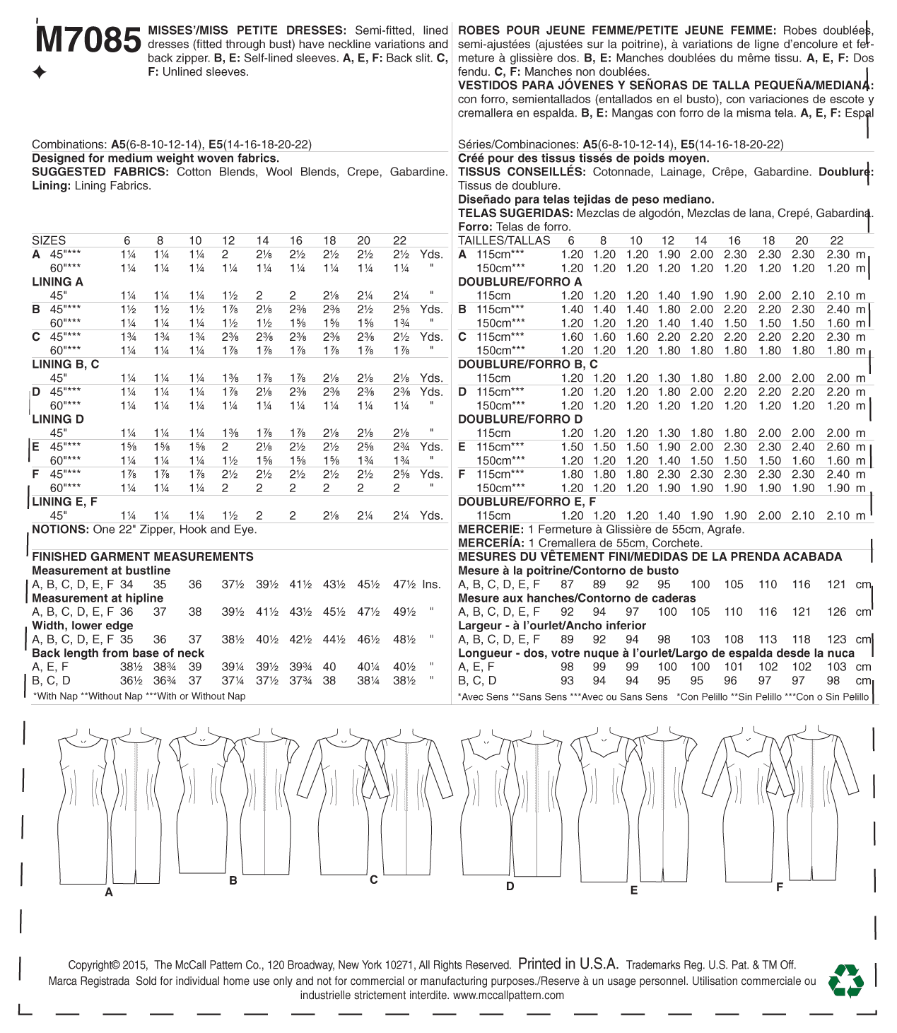 McCall's Pattern M7085 Misses'/Miss Petite Dresses