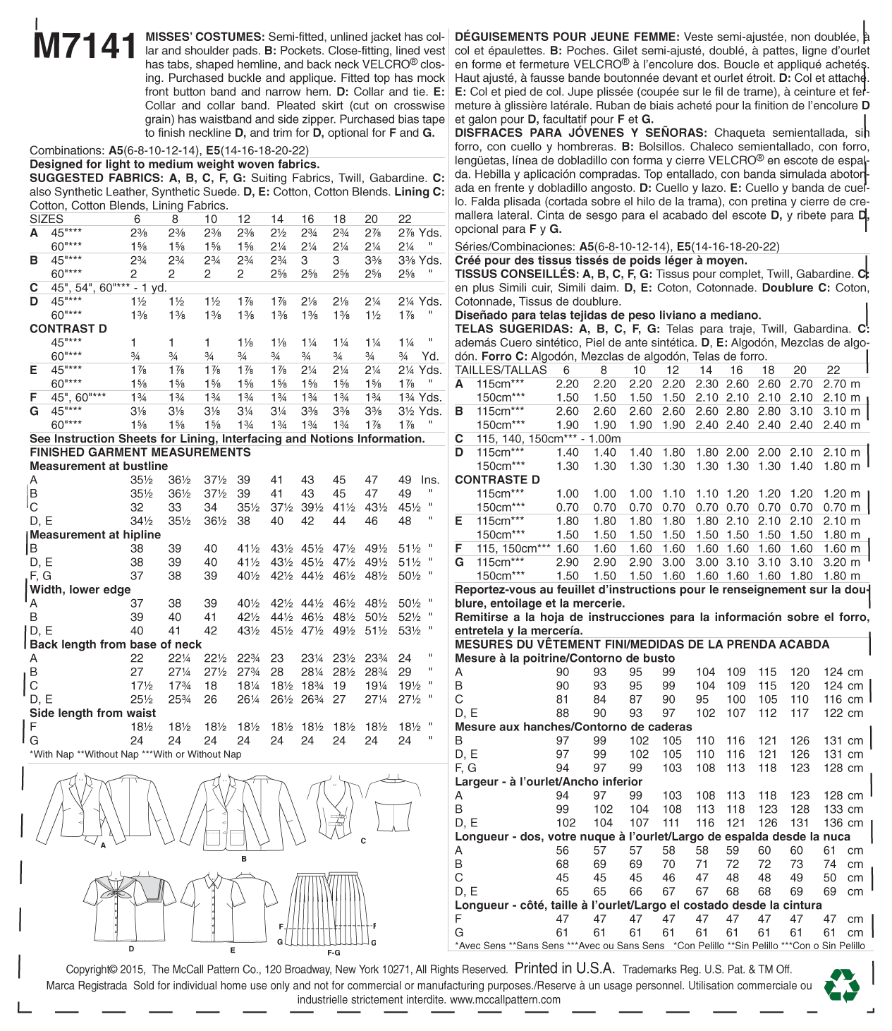 McCall's Pattern M7141 Misses' Costumes