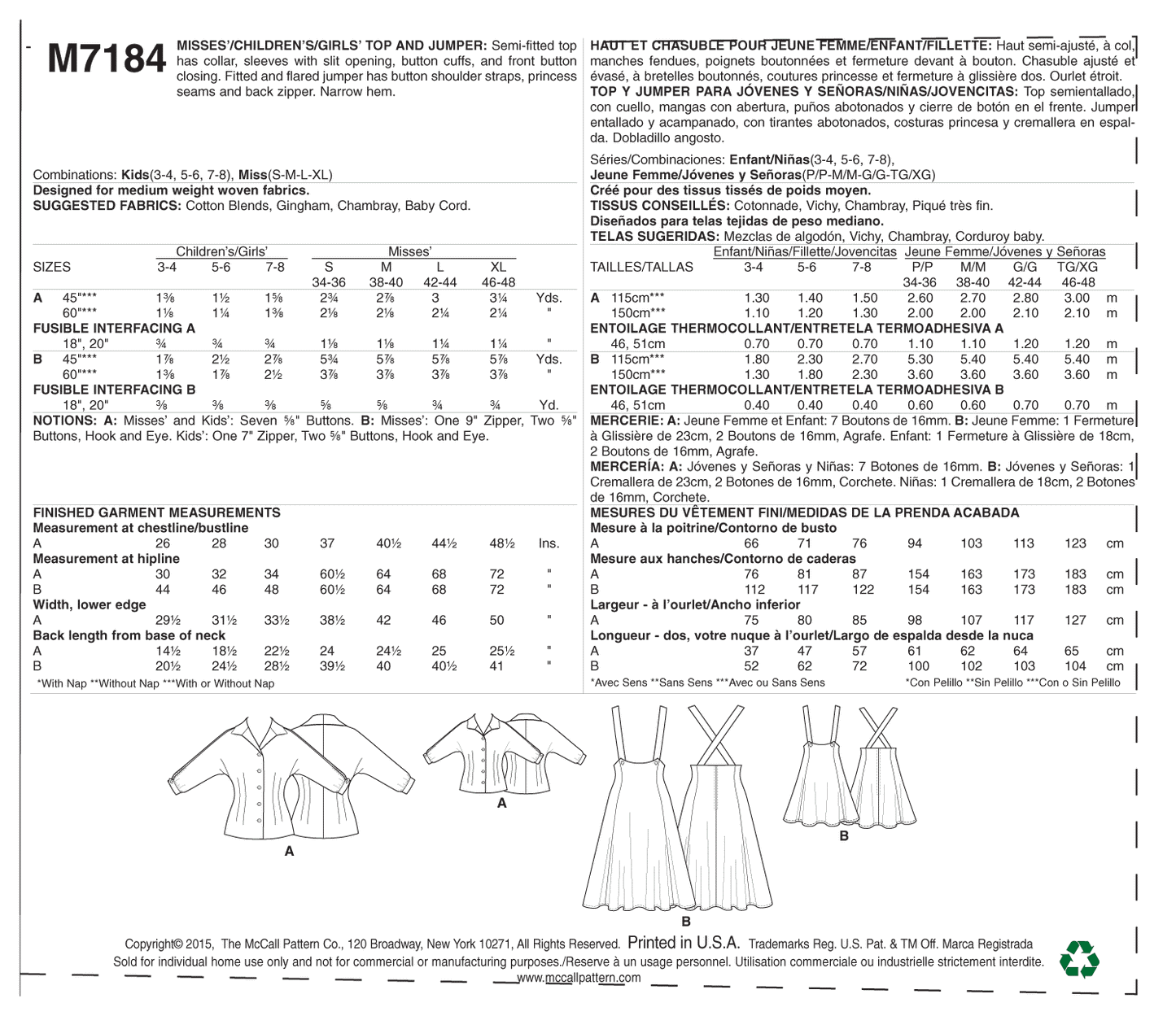 McCall's Pattern M7184 Misses'/Children's/Girls' Top and Jumper