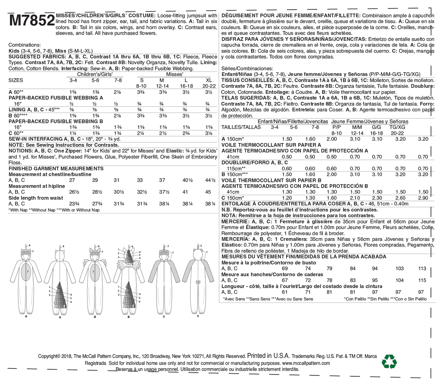 McCall's Pattern M7852 Miss/Children's/Girls' Costume