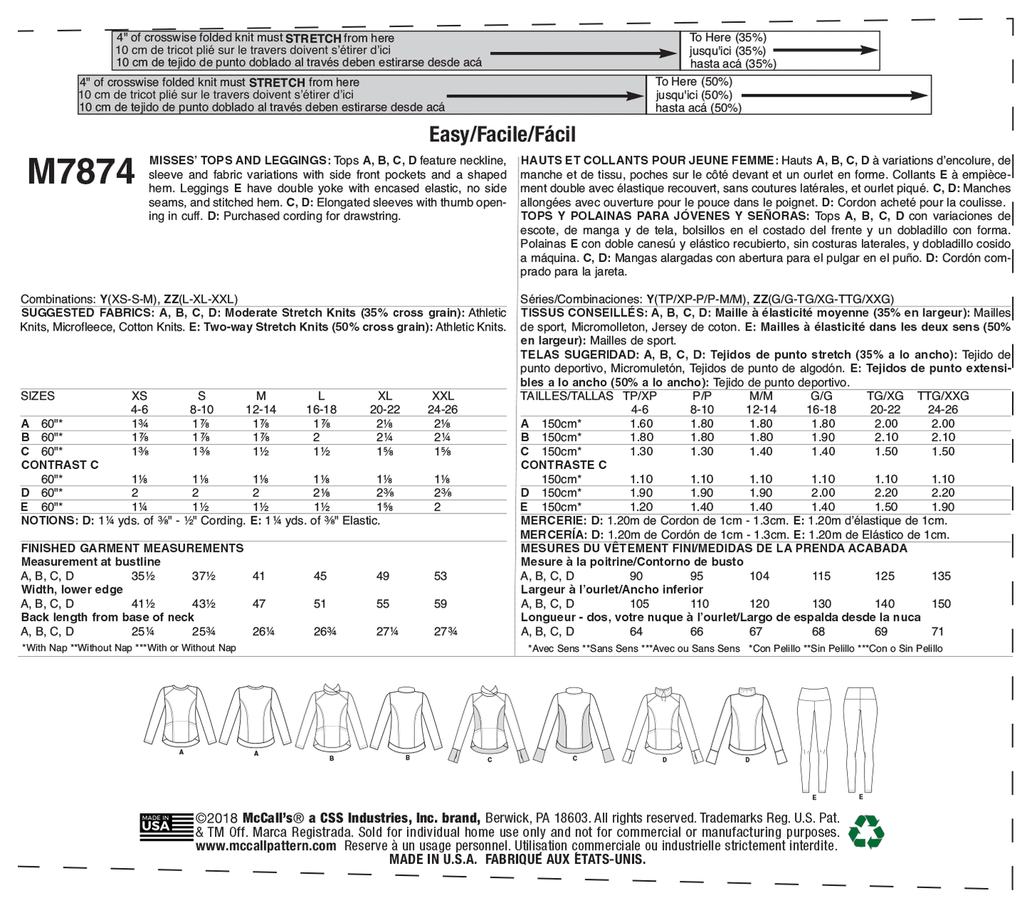 McCall's Pattern M7874 Misses' Tops and Leggings