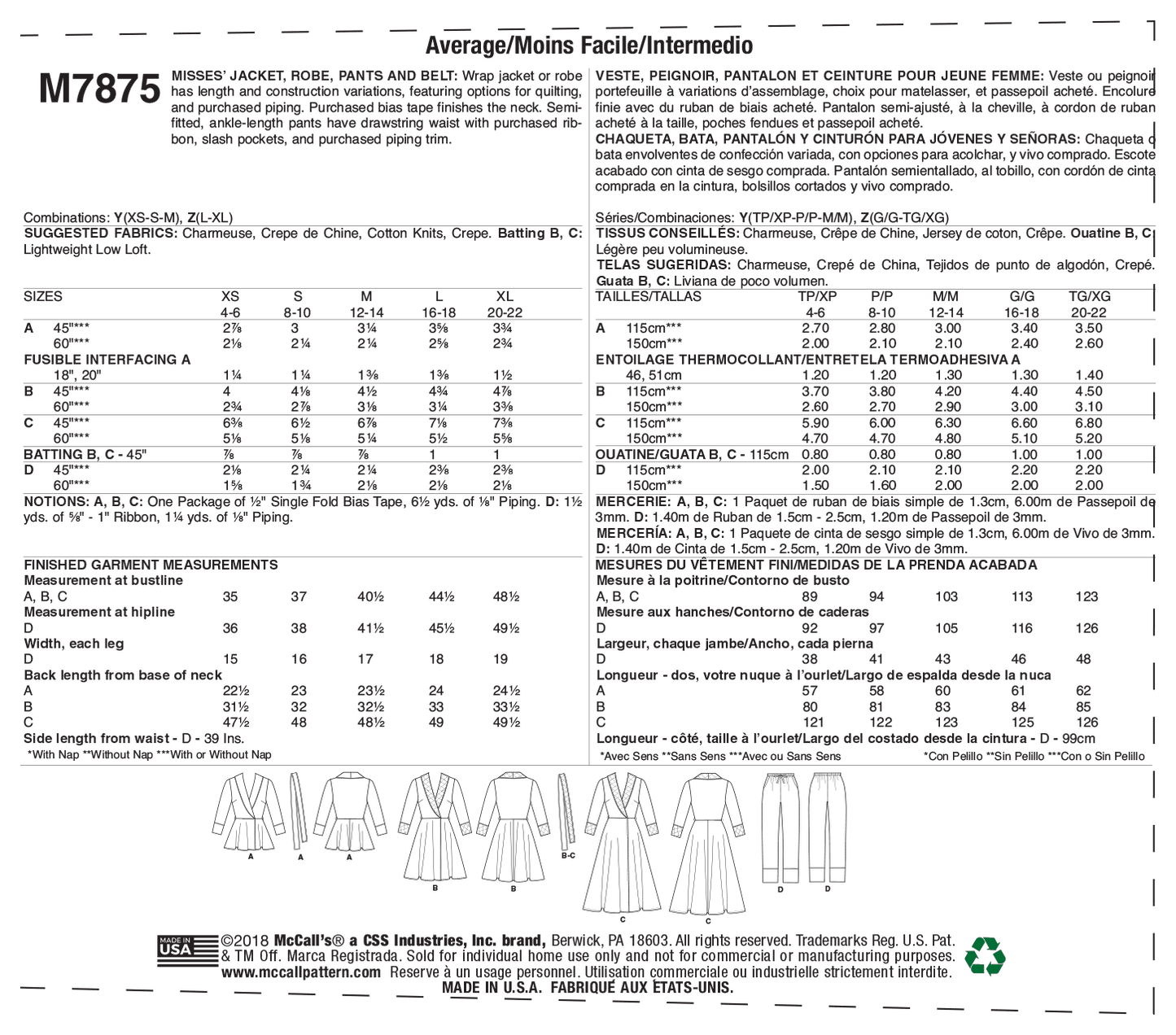 McCall's Pattern M7875 Misses' Jacket, Robe, Pants and Belt