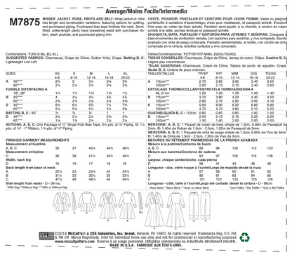 McCall's Pattern M7875 Misses' Jacket, Robe, Pants and Belt