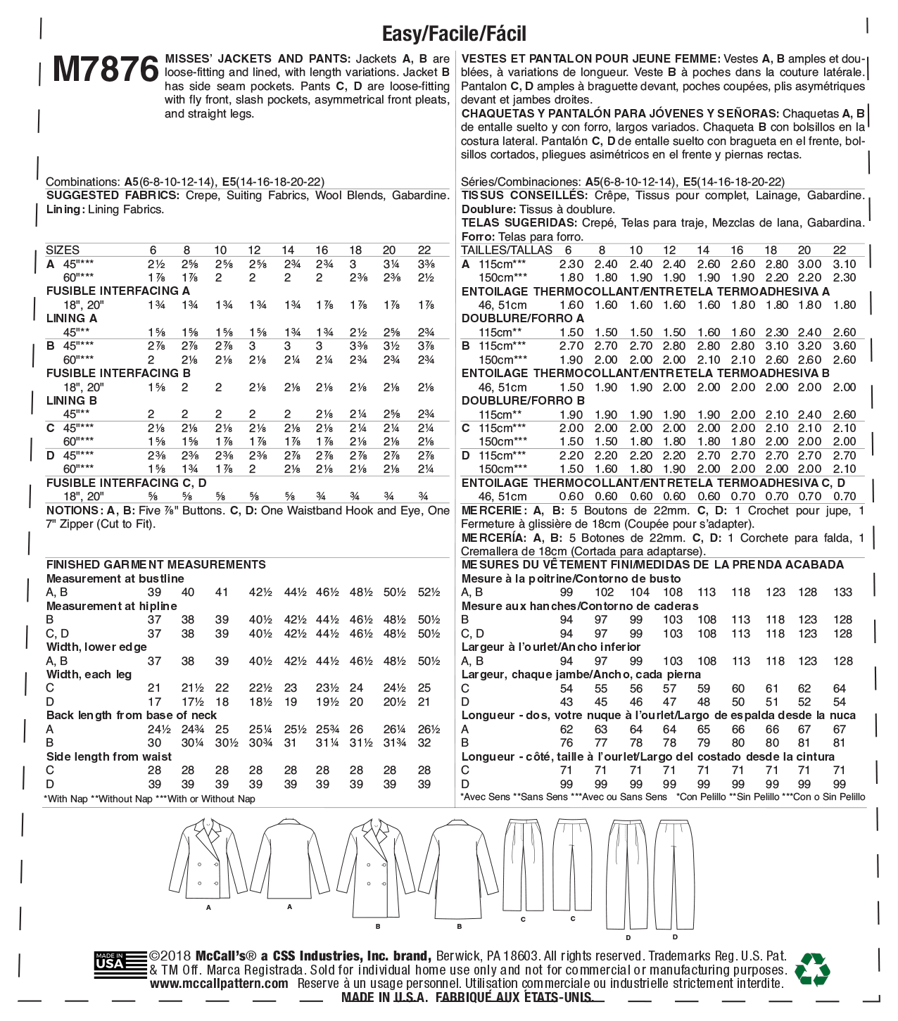 McCall's Pattern M7876 Misses' Jackets and Pants