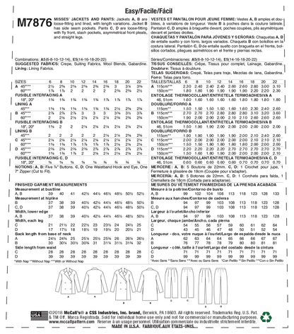 McCall's Pattern M7876 Misses' Jackets and Pants