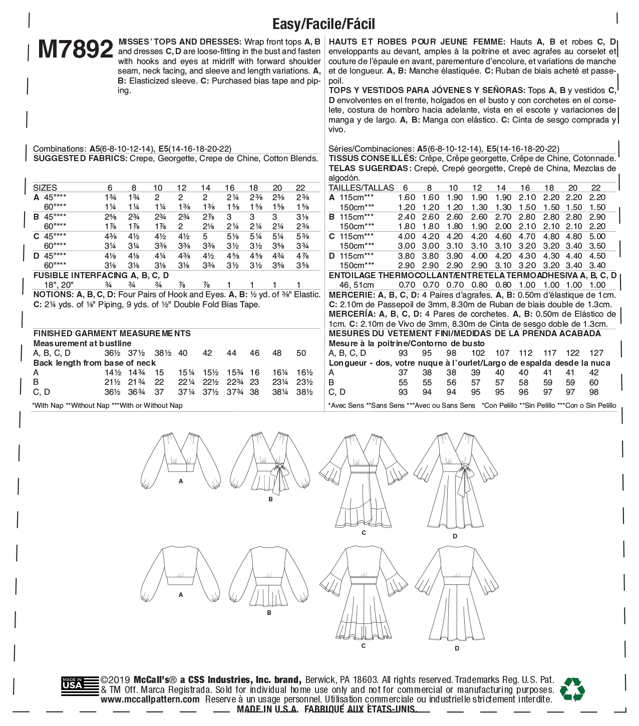 McCall's Pattern M7892 Misses' Tops and Dresses