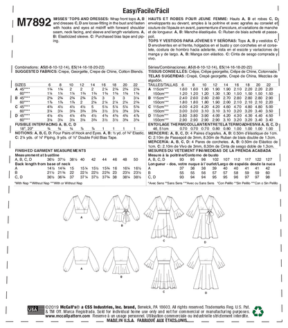 McCall's Pattern M7892 Misses' Tops and Dresses